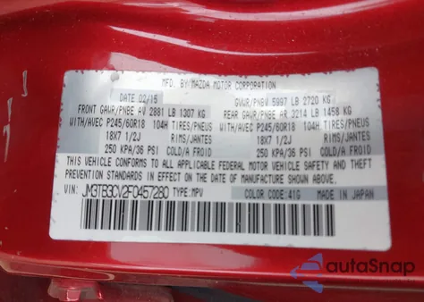 2015 Mazda Cx-9 Touring из США, поврежденный, VIN JM3TB3CV2F0457280